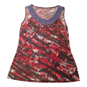 Red Floral Sleeveless Top with Crochet Neckline See Pics For Measurements